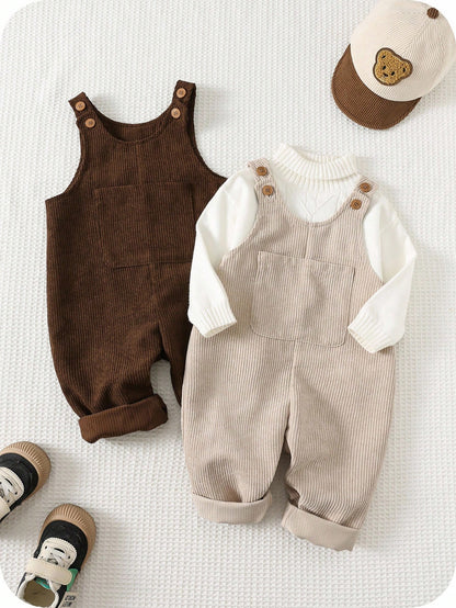 2pcs/Set Baby Boy Corduroy Overalls,Thermal Lined Jumpsuit,Autumn,Kawaii,Family Matching,All Shades Of Brown Mocha Neutral Clothes For Fall/Winter