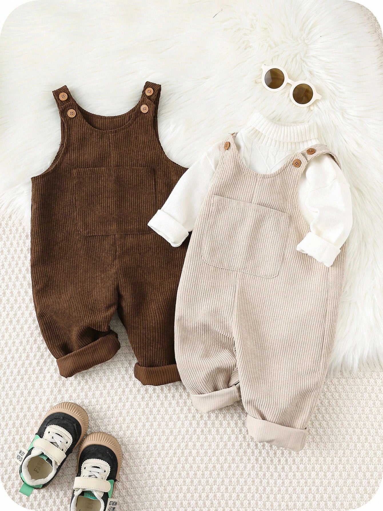 2pcs/Set Baby Boy Corduroy Overalls,Thermal Lined Jumpsuit,Autumn,Kawaii,Family Matching,All Shades Of Brown Mocha Neutral Clothes For Fall/Winter