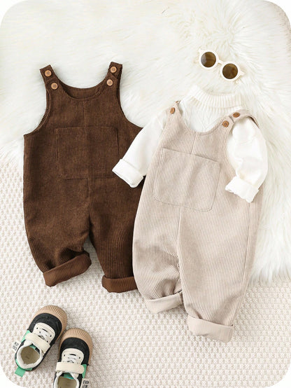2pcs/Set Baby Boy Corduroy Overalls,Thermal Lined Jumpsuit,Autumn,Kawaii,Family Matching,All Shades Of Brown Mocha Neutral Clothes For Fall/Winter