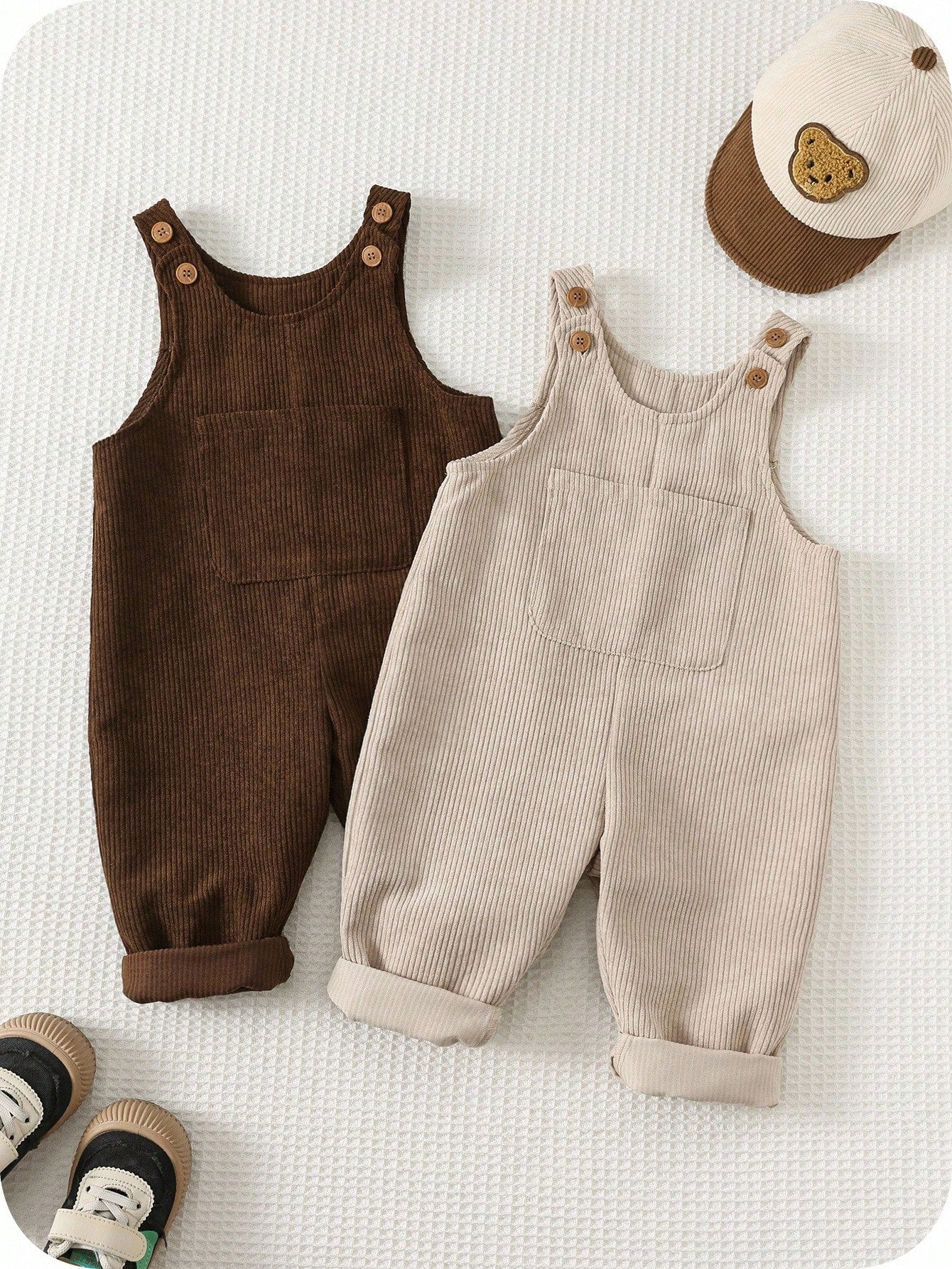 2pcs/Set Baby Boy Corduroy Overalls,Thermal Lined Jumpsuit,Autumn,Kawaii,Family Matching,All Shades Of Brown Mocha Neutral Clothes For Fall/Winter