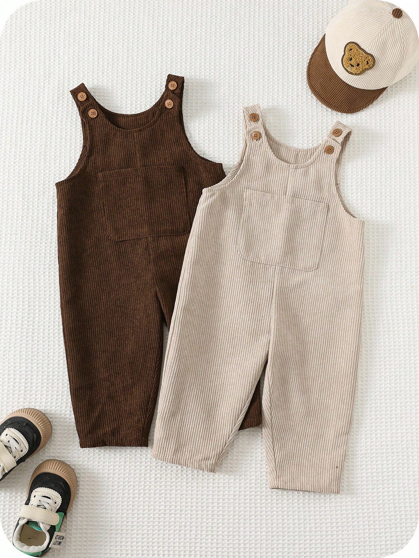 2pcs/Set Baby Boy Corduroy Overalls,Thermal Lined Jumpsuit,Autumn,Kawaii,Family Matching,All Shades Of Brown Mocha Neutral Clothes For Fall/Winter