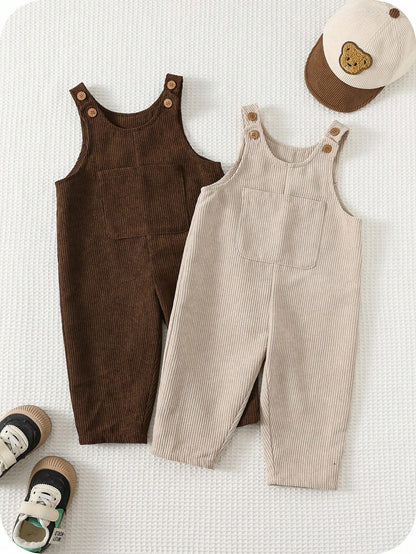 2pcs/Set Baby Boy Corduroy Overalls,Thermal Lined Jumpsuit,Autumn,Kawaii,Family Matching,All Shades Of Brown Mocha Neutral Clothes For Fall/Winter