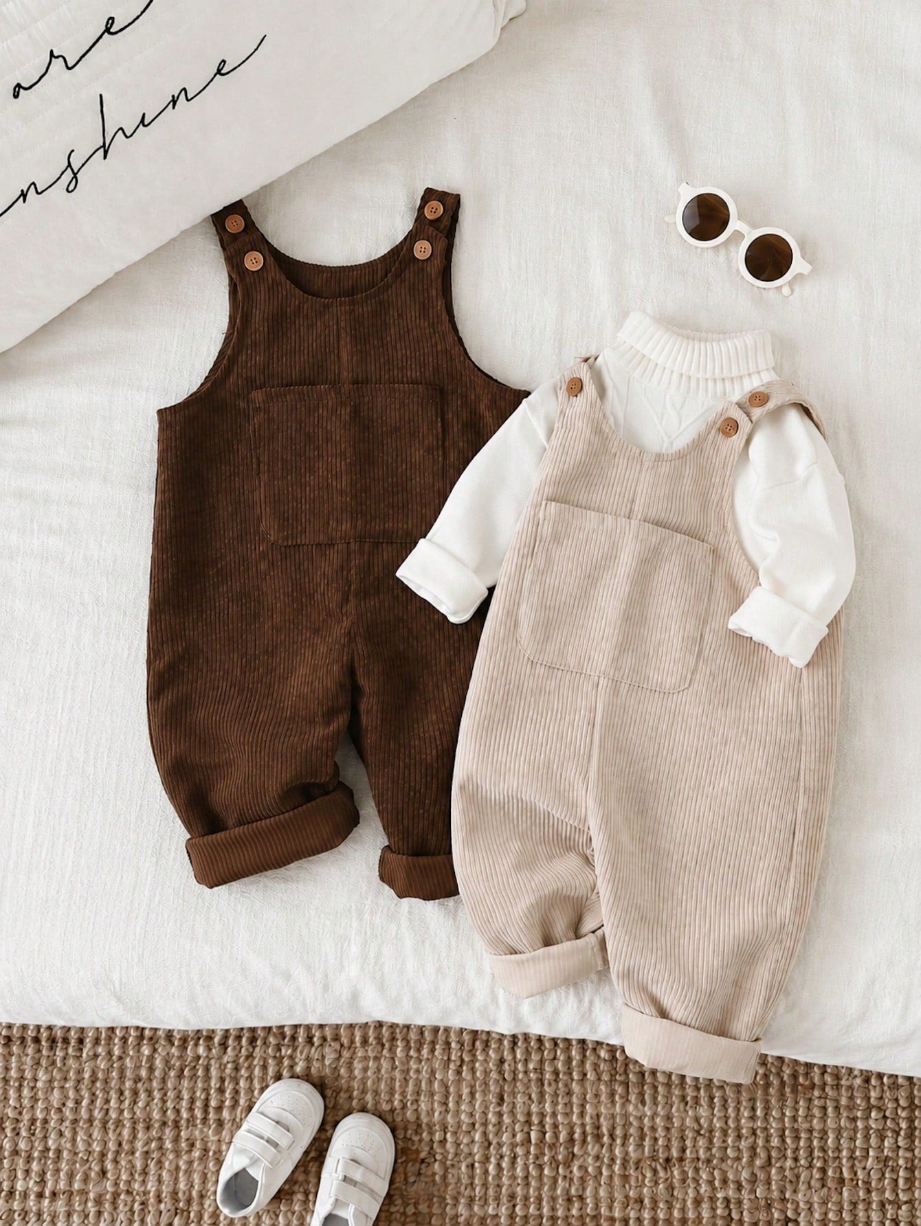 2pcs/Set Baby Boy Corduroy Overalls,Thermal Lined Jumpsuit,Autumn,Kawaii,Family Matching,All Shades Of Brown Mocha Neutral Clothes For Fall/Winter
