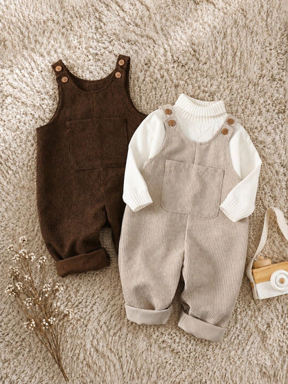 2pcs/Set Baby Boy Corduroy Overalls,Thermal Lined Jumpsuit,Autumn,Kawaii,Family Matching,All Shades Of Brown Mocha Neutral Clothes For Fall/Winter