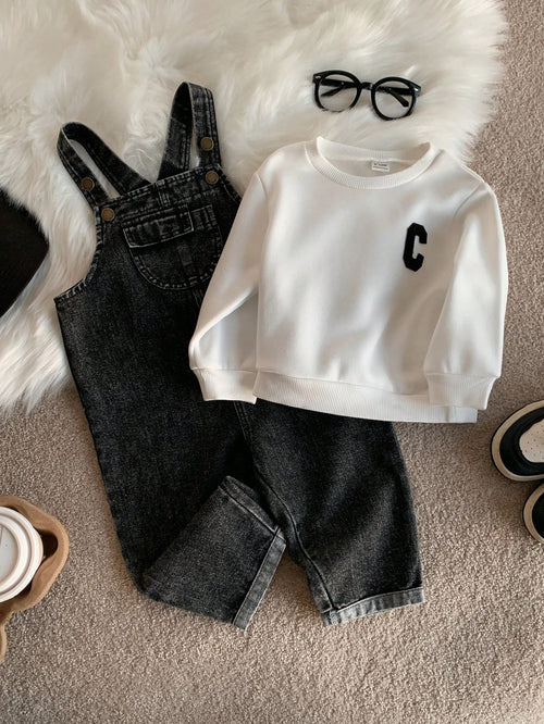 2pcs/Set Baby Boy White Sweatshirt And Black Denim Overalls Set, Autumn/Winter White Sweatshirt And Denim Dungarees Outfit, Cute Infant Jumpsuit Set