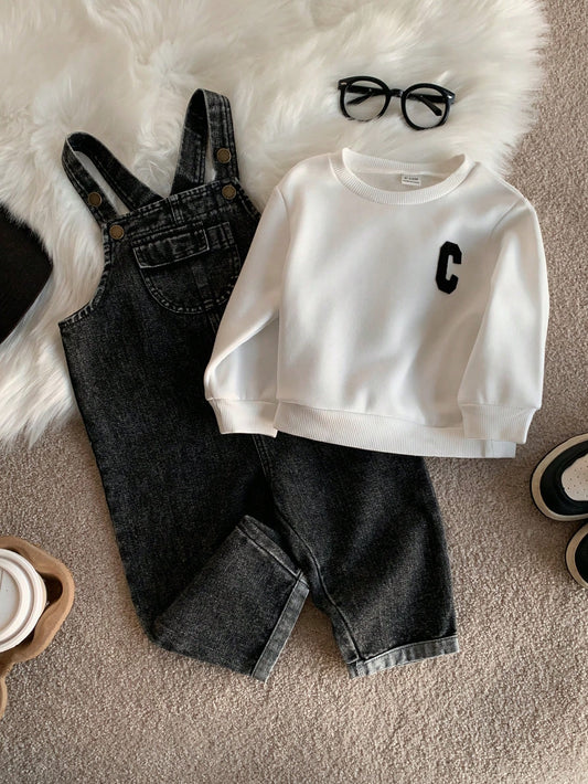 2pcs/Set Baby Boy White Sweatshirt And Black Denim Overalls Set, Autumn/Winter White Sweatshirt And Denim Dungarees Outfit, Cute Infant Jumpsuit Set