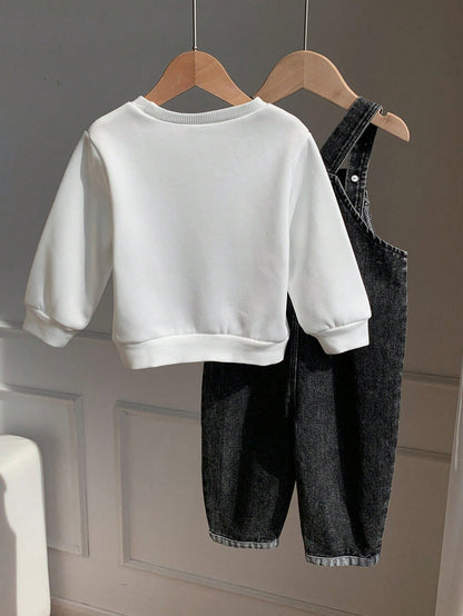 2pcs/Set Baby Boy White Sweatshirt And Black Denim Overalls Set, Autumn/Winter White Sweatshirt And Denim Dungarees Outfit, Cute Infant Jumpsuit Set