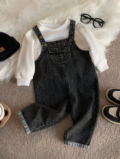 2pcs/Set Baby Boy White Sweatshirt And Black Denim Overalls Set, Autumn/Winter White Sweatshirt And Denim Dungarees Outfit, Cute Infant Jumpsuit Set