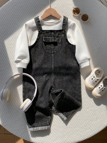 2pcs/Set Baby Boy White Sweatshirt And Black Denim Overalls Set, Autumn/Winter White Sweatshirt And Denim Dungarees Outfit, Cute Infant Jumpsuit Set