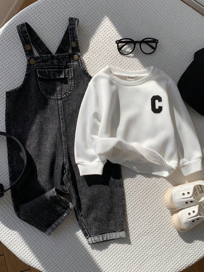 2pcs/Set Baby Boy White Sweatshirt And Black Denim Overalls Set, Autumn/Winter White Sweatshirt And Denim Dungarees Outfit, Cute Infant Jumpsuit Set
