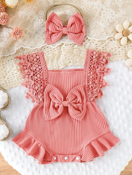 2pcs Set Casual Elegant Sweet Cute Baby Girl Bodysuit, Soft Breathable Solid Color Hollow Lace Tassel Trim Bodysuit And Headband Set