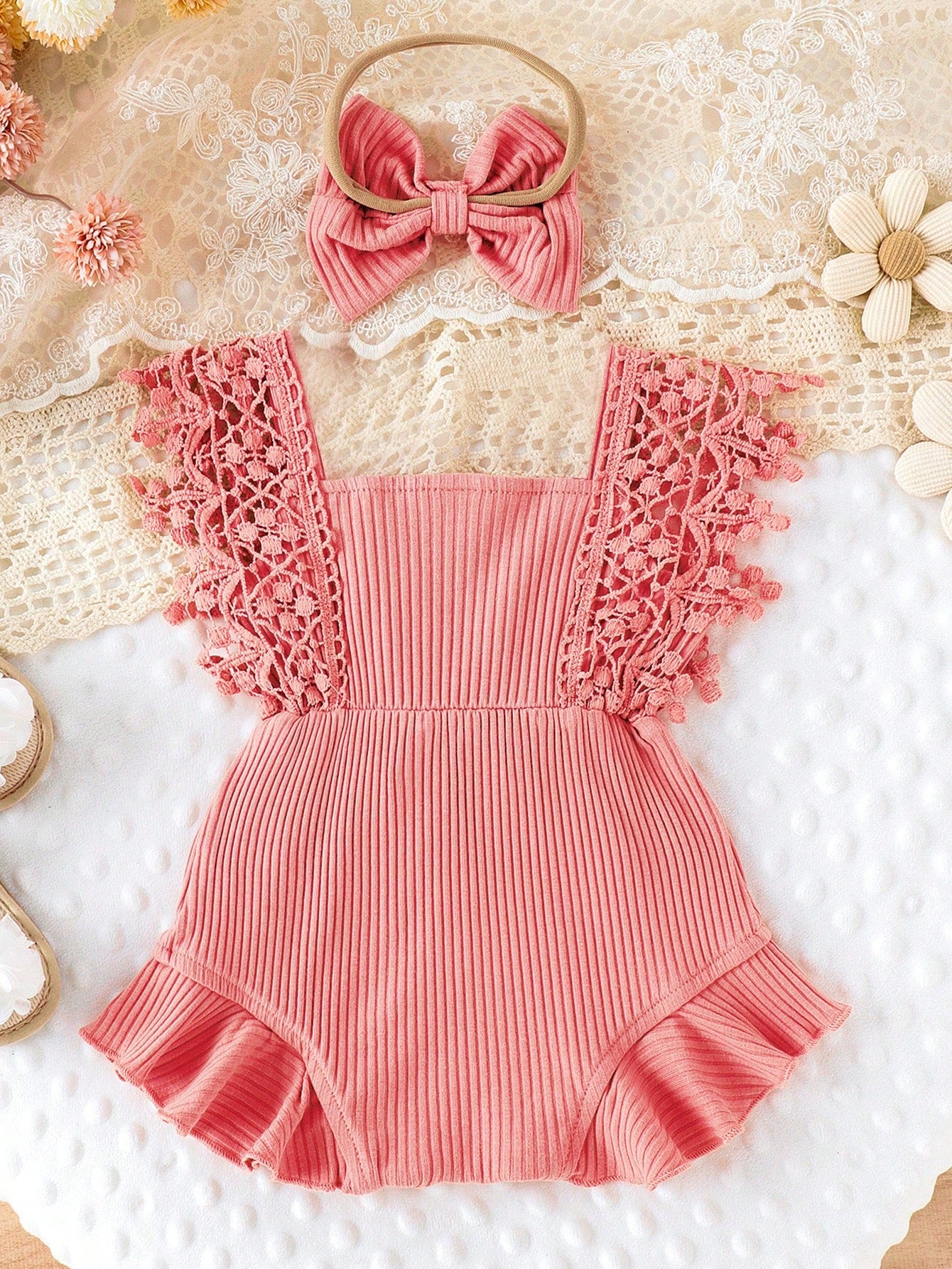 2pcs Set Casual Elegant Sweet Cute Baby Girl Bodysuit, Soft Breathable Solid Color Hollow Lace Tassel Trim Bodysuit And Headband Set