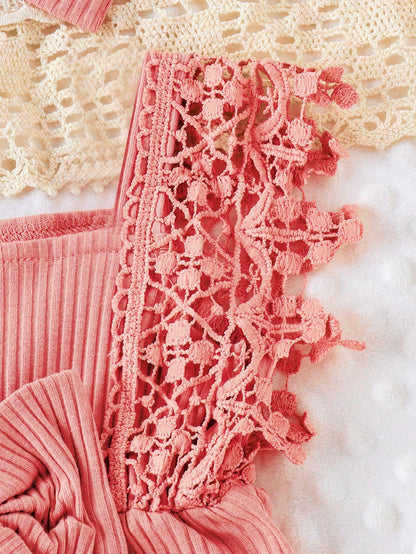 2pcs Set Casual Elegant Sweet Cute Baby Girl Bodysuit, Soft Breathable Solid Color Hollow Lace Tassel Trim Bodysuit And Headband Set