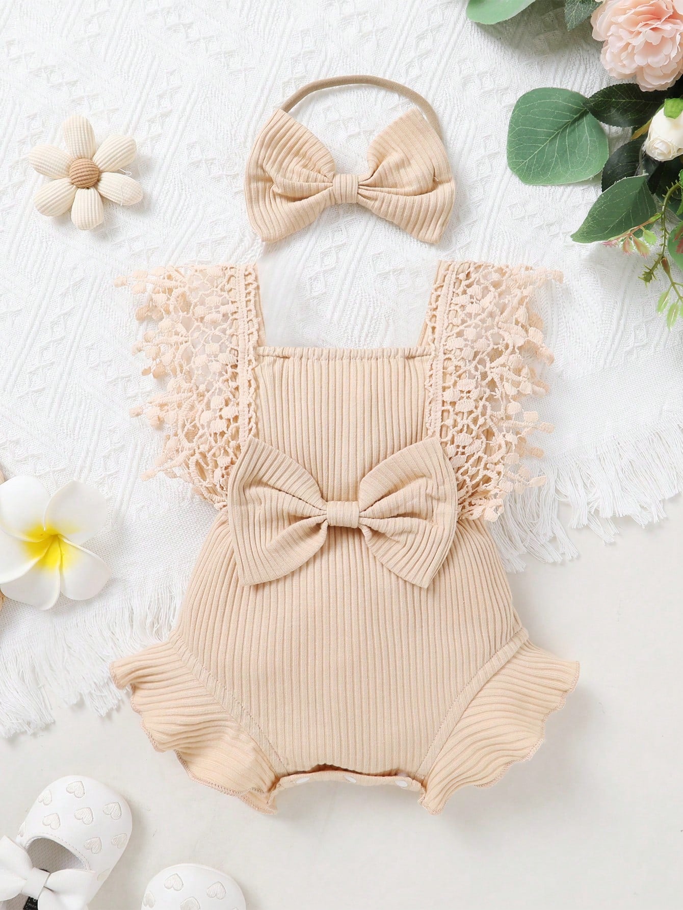 2pcs Set Casual Elegant Sweet Cute Baby Girl Bodysuit, Soft Breathable Solid Color Hollow Lace Tassel Trim Bodysuit And Headband Set
