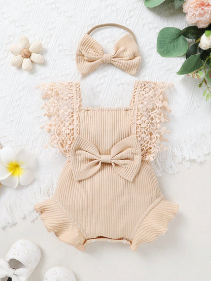 2pcs Set Casual Elegant Sweet Cute Baby Girl Bodysuit, Soft Breathable Solid Color Hollow Lace Tassel Trim Bodysuit And Headband Set