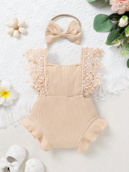2pcs Set Casual Elegant Sweet Cute Baby Girl Bodysuit, Soft Breathable Solid Color Hollow Lace Tassel Trim Bodysuit And Headband Set