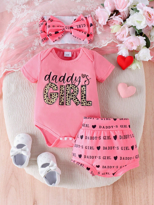 2pcs/Set Cute Letter Print Romper, Shorts & Headband Thin Summer Outfit For Baby Girls