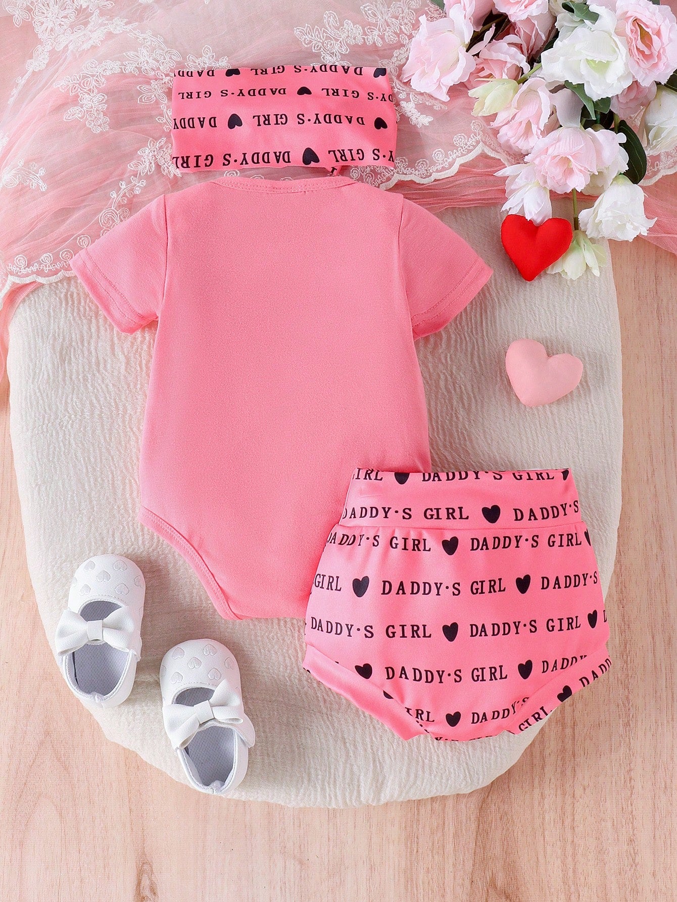 2pcs/Set Cute Letter Print Romper, Shorts & Headband Thin Summer Outfit For Baby Girls