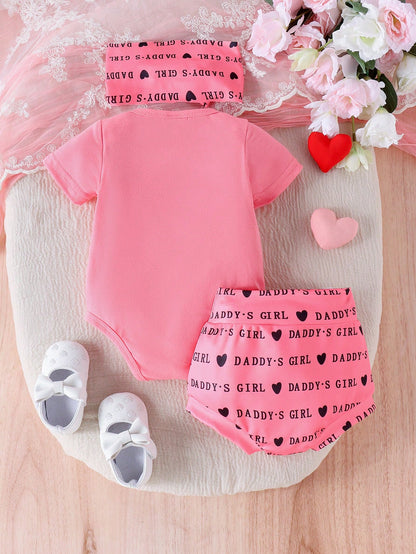 2pcs/Set Cute Letter Print Romper, Shorts & Headband Thin Summer Outfit For Baby Girls