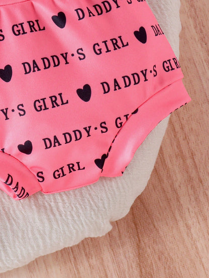 2pcs/Set Cute Letter Print Romper, Shorts & Headband Thin Summer Outfit For Baby Girls