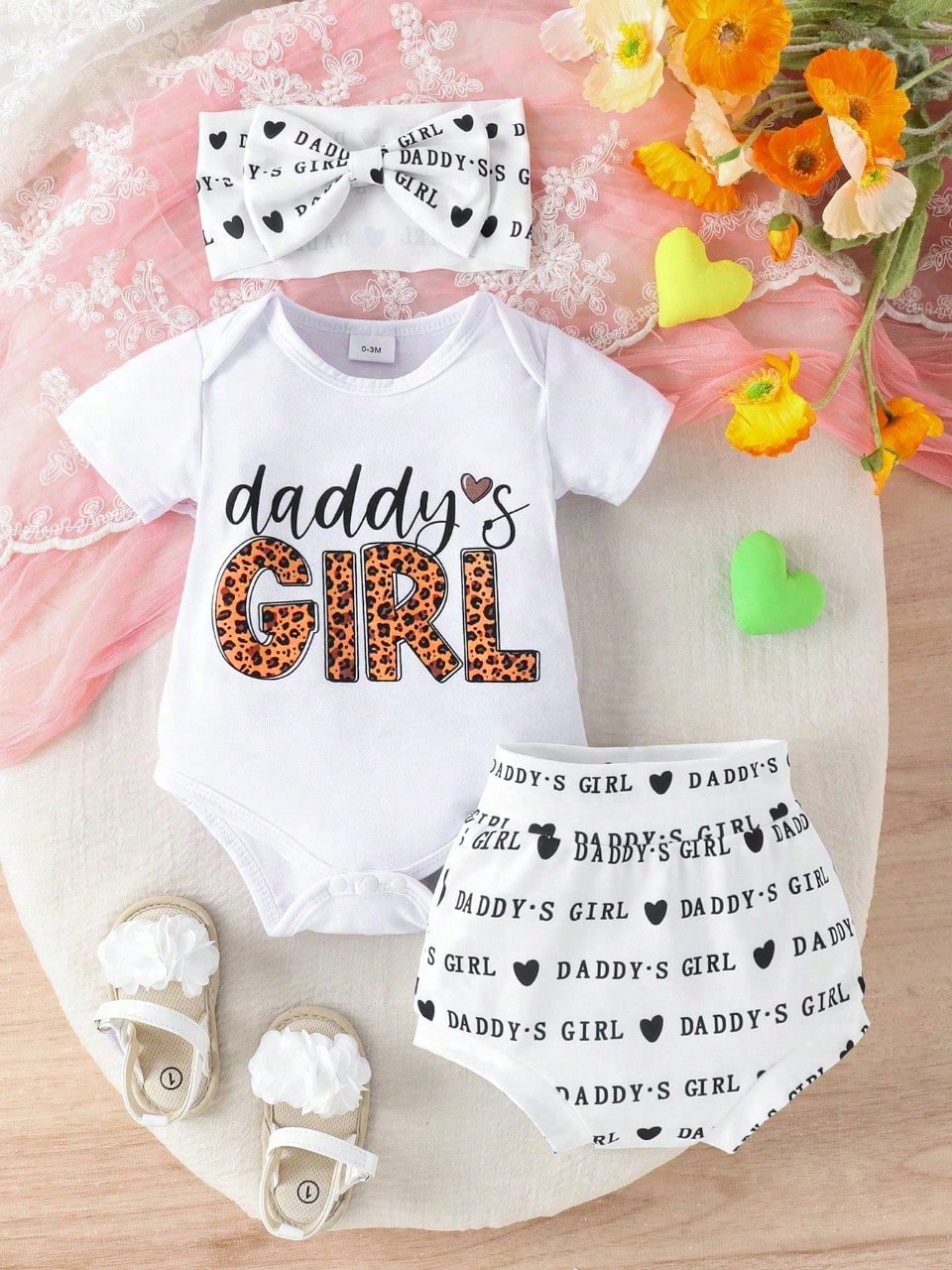 2pcs/Set Cute Letter Print Romper, Shorts & Headband Thin Summer Outfit For Baby Girls