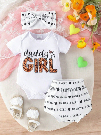 2pcs/Set Cute Letter Print Romper, Shorts & Headband Thin Summer Outfit For Baby Girls