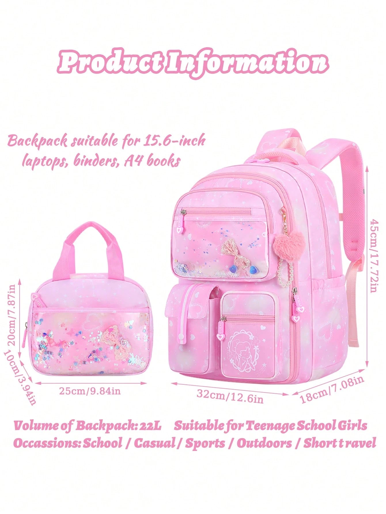2pcs/Set Girls Backpack With Handbag, School Backpack For Girls, 15.6 Inch Laptop Backpack, Butterfly Bookbag Travel Bag, Back To School Essential, Suitable For Teenage Girls, Students, Middle And Hig
