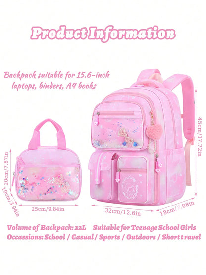 2pcs/Set Girls Backpack With Handbag, School Backpack For Girls, 15.6 Inch Laptop Backpack, Butterfly Bookbag Travel Bag, Back To School Essential, Suitable For Teenage Girls, Students, Middle And Hig