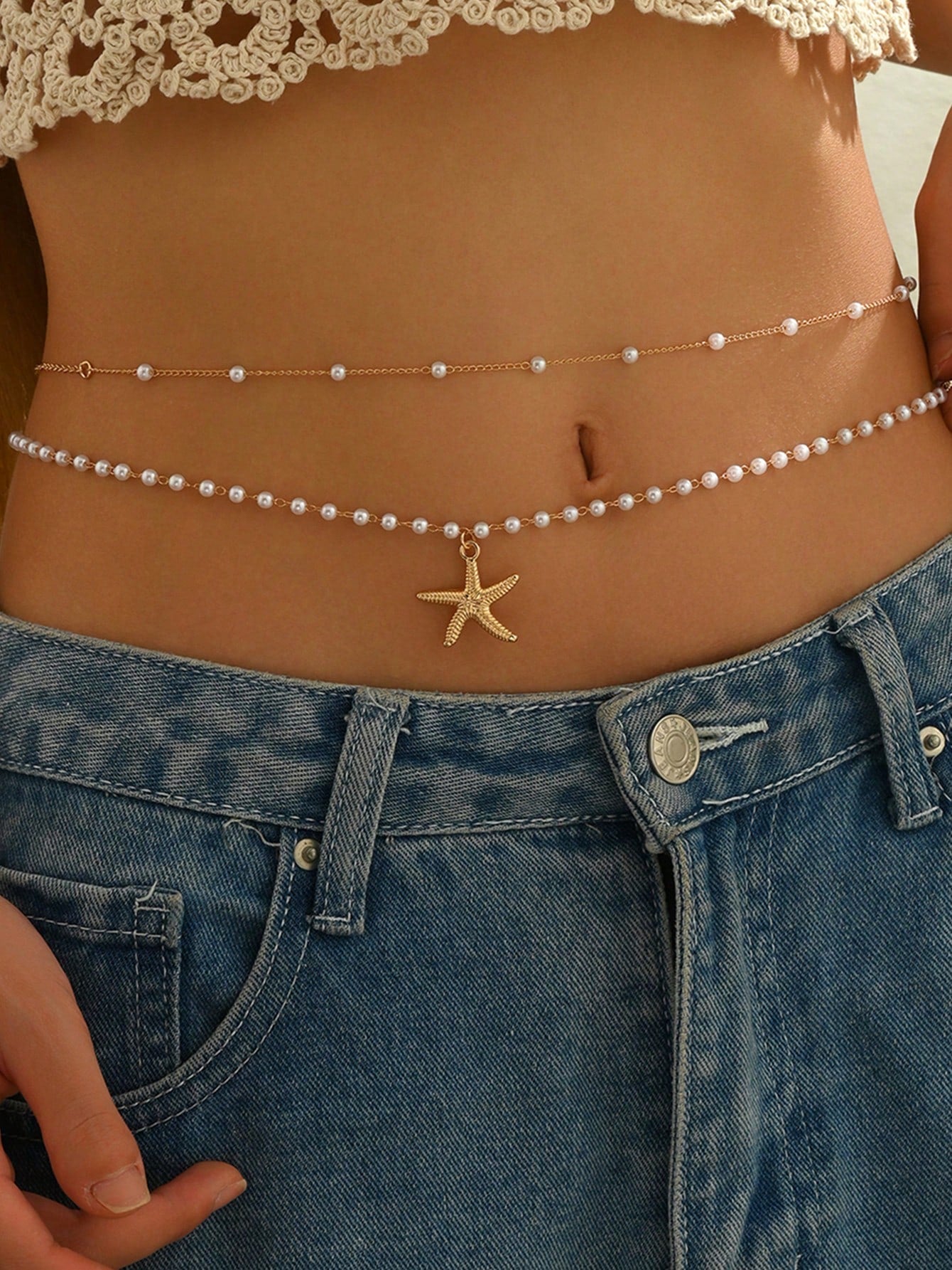 2pcs/Set Handmade Faux Pearl Pendant Waist Chain, Adjustable Chain Length