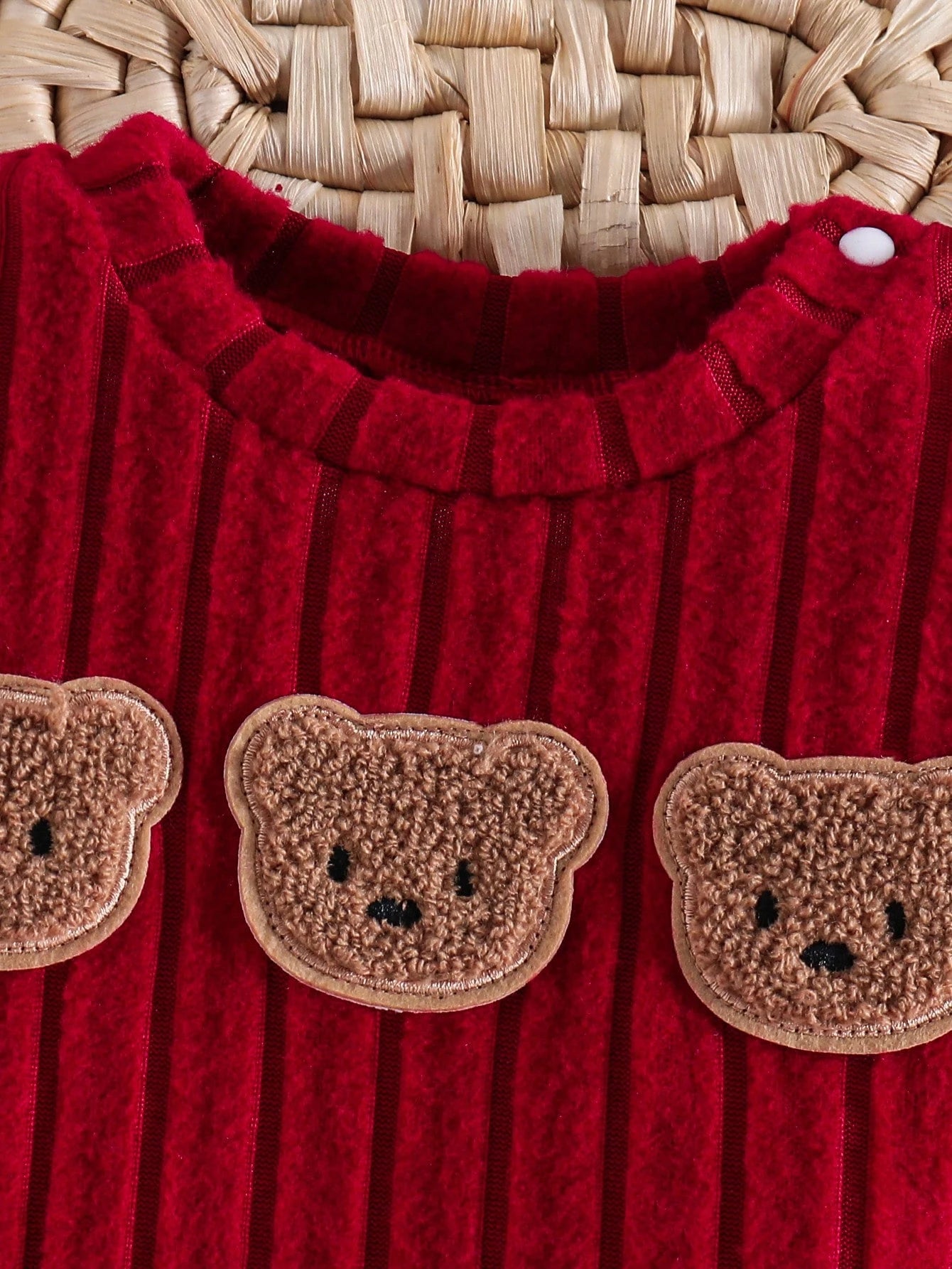 2pcs/Set Korean Style Ribbed Brushed Texture Newborn Baby Cartoon Bear Embroidered Sweatshirt Long Pants Outfit Set Cute Fashionable Red Autumn Kawaii