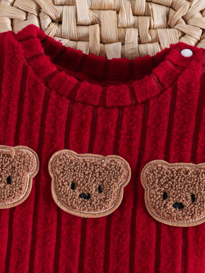 2pcs/Set Korean Style Ribbed Brushed Texture Newborn Baby Cartoon Bear Embroidered Sweatshirt Long Pants Outfit Set Cute Fashionable Red Autumn Kawaii