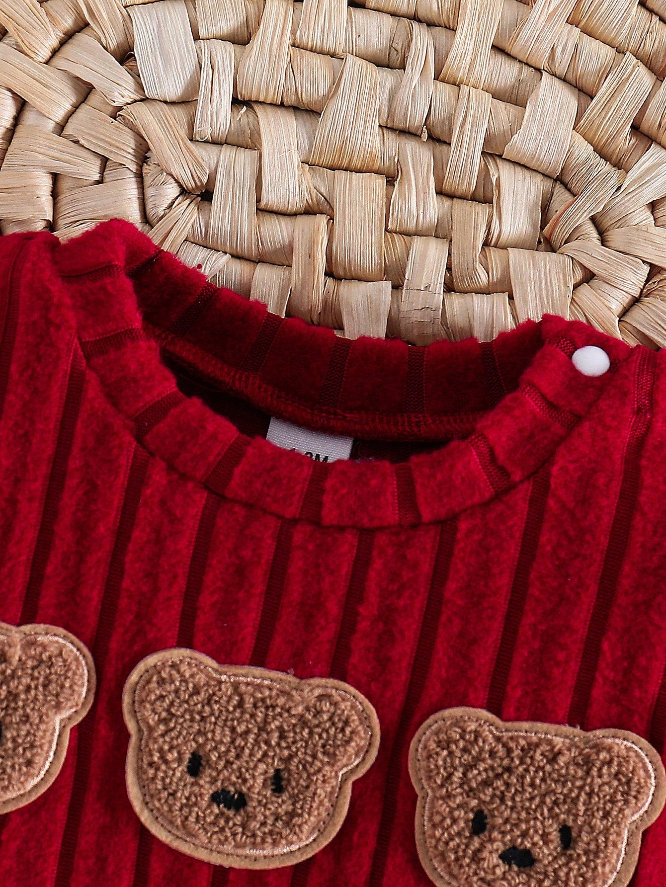 2pcs/Set Korean Style Ribbed Brushed Texture Newborn Baby Cartoon Bear Embroidered Sweatshirt Long Pants Outfit Set Cute Fashionable Red Autumn Kawaii