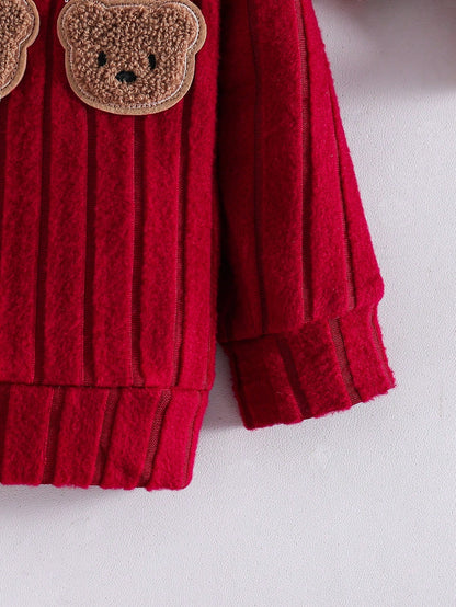 2pcs/Set Korean Style Ribbed Brushed Texture Newborn Baby Cartoon Bear Embroidered Sweatshirt Long Pants Outfit Set Cute Fashionable Red Autumn Kawaii