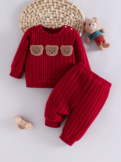 2pcs/Set Korean Style Ribbed Brushed Texture Newborn Baby Cartoon Bear Embroidered Sweatshirt Long Pants Outfit Set Cute Fashionable Red Autumn Kawaii