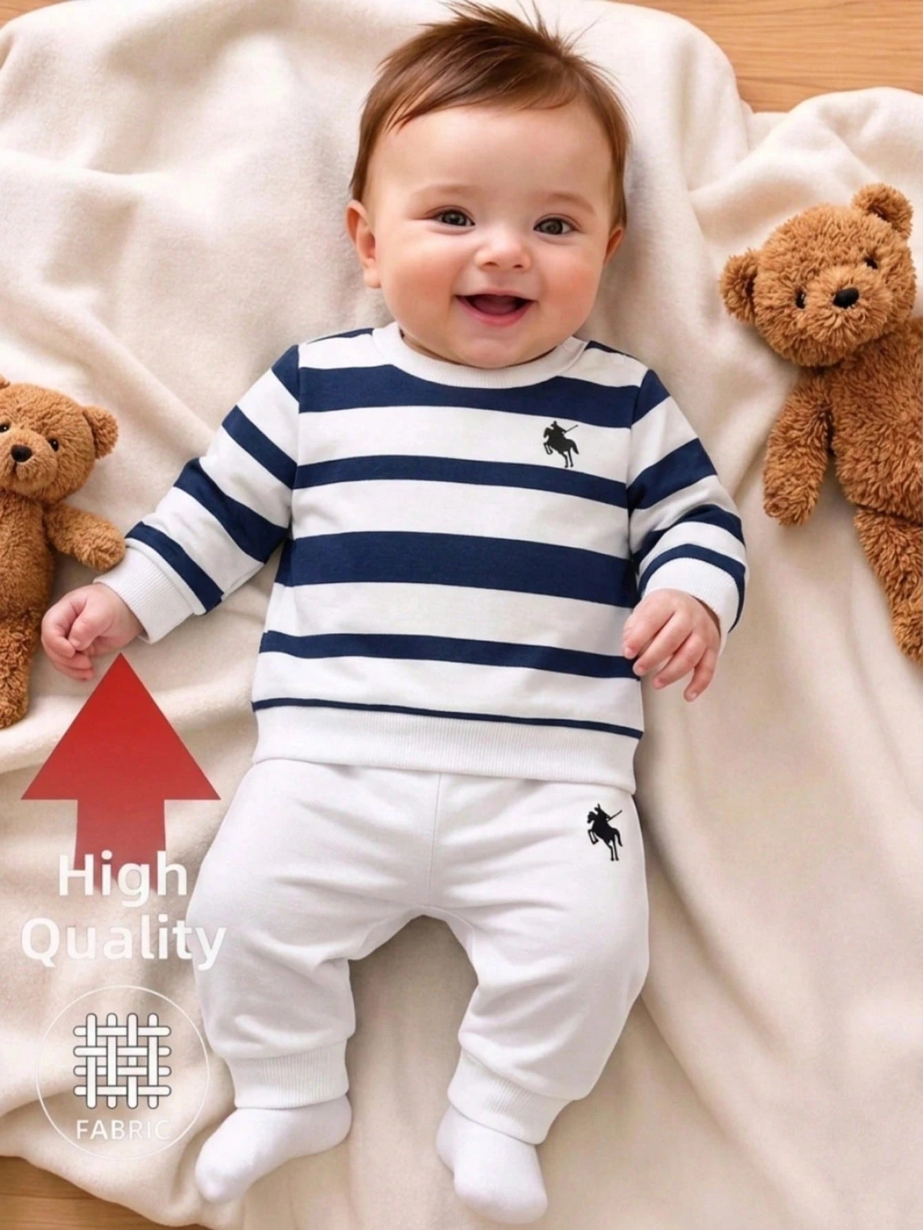 2pcs Set Newborn Casual Knitted Striped Print Crew Neck Long Sleeve Top + Solid Color Print Long Pants, Versatile Outfit