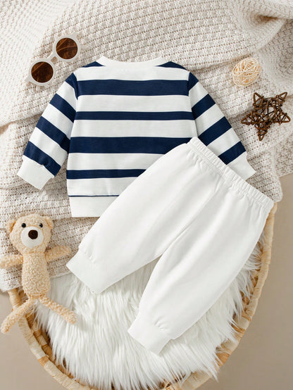 2pcs Set Newborn Casual Knitted Striped Print Crew Neck Long Sleeve Top + Solid Color Print Long Pants, Versatile Outfit