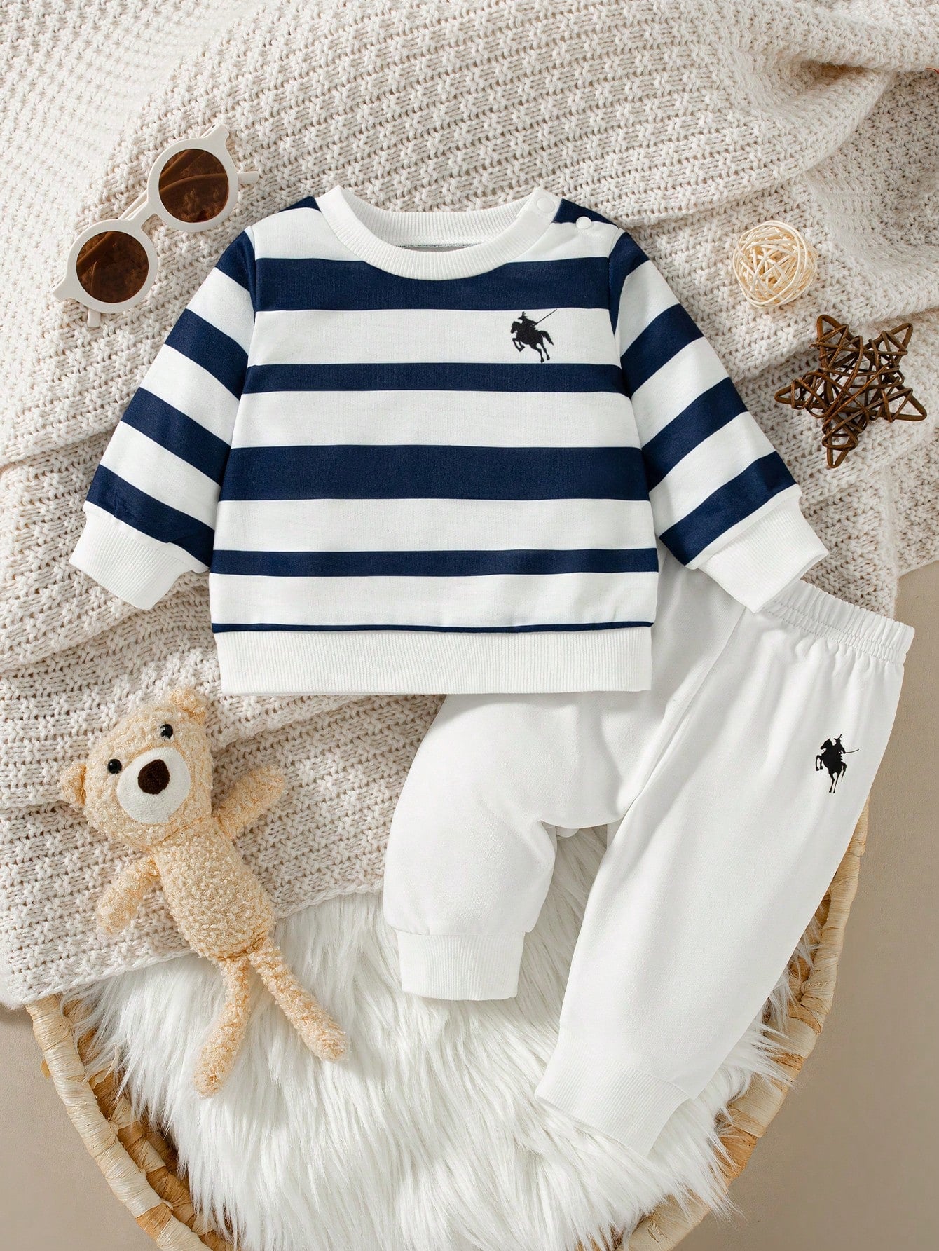 2pcs Set Newborn Casual Knitted Striped Print Crew Neck Long Sleeve Top + Solid Color Print Long Pants, Versatile Outfit