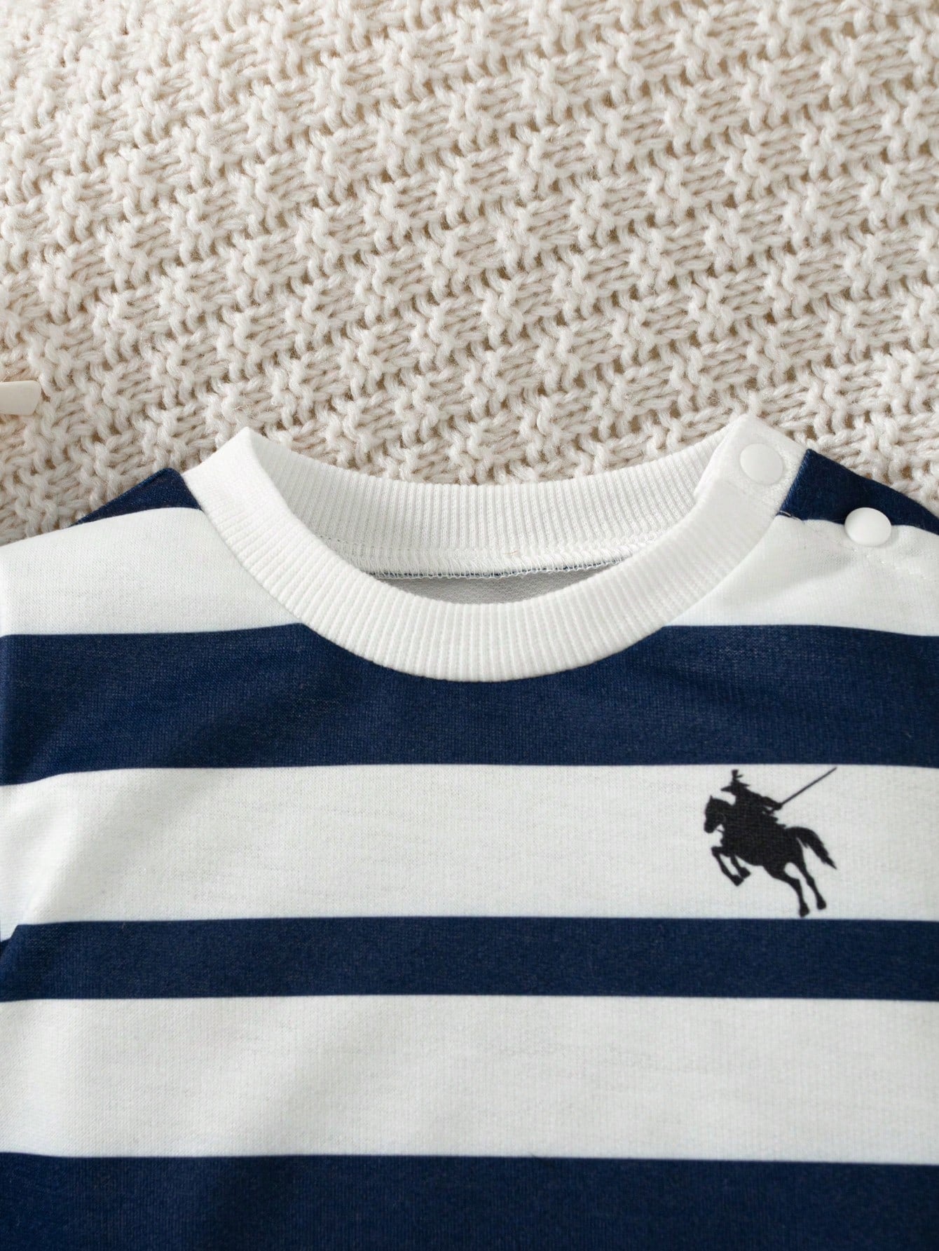 2pcs Set Newborn Casual Knitted Striped Print Crew Neck Long Sleeve Top + Solid Color Print Long Pants, Versatile Outfit
