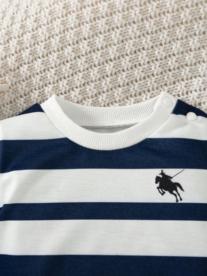 2pcs Set Newborn Casual Knitted Striped Print Crew Neck Long Sleeve Top + Solid Color Print Long Pants, Versatile Outfit