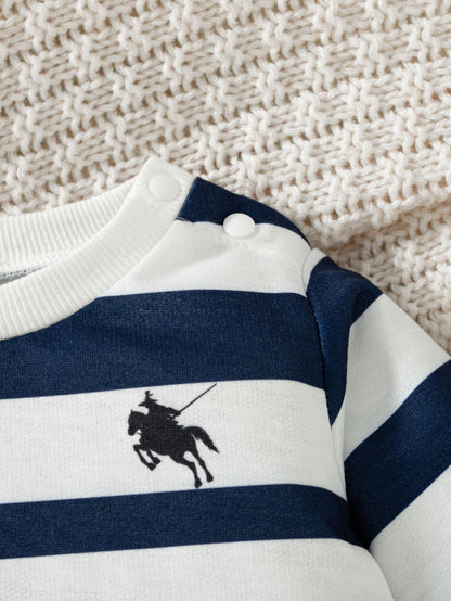 2pcs Set Newborn Casual Knitted Striped Print Crew Neck Long Sleeve Top + Solid Color Print Long Pants, Versatile Outfit