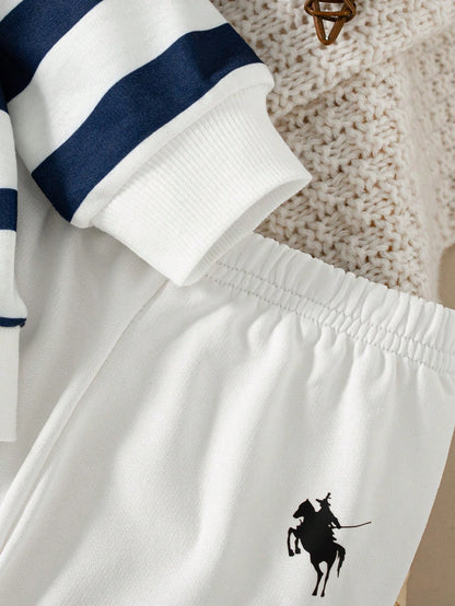 2pcs Set Newborn Casual Knitted Striped Print Crew Neck Long Sleeve Top + Solid Color Print Long Pants, Versatile Outfit