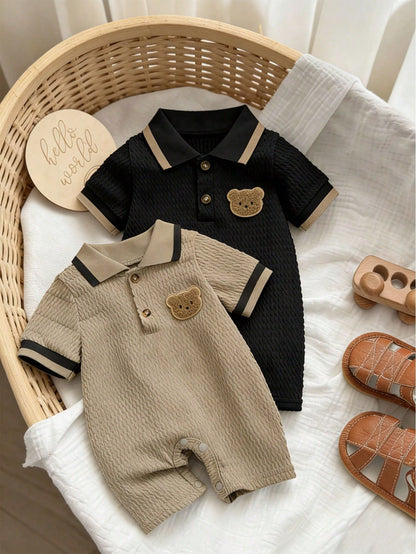 2pcs/Set Summer New Baby Boy POLO Collar Embroidered Bear Jacquard Solid Color Short Sleeve Romper