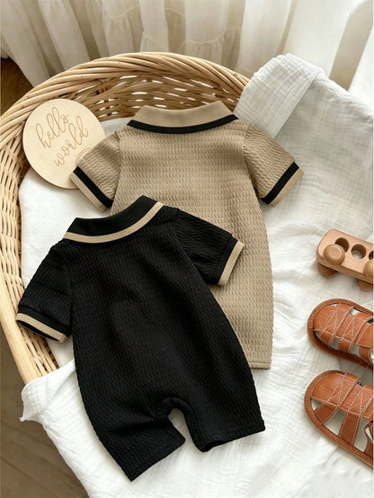 2pcs/Set Summer New Baby Boy POLO Collar Embroidered Bear Jacquard Solid Color Short Sleeve Romper