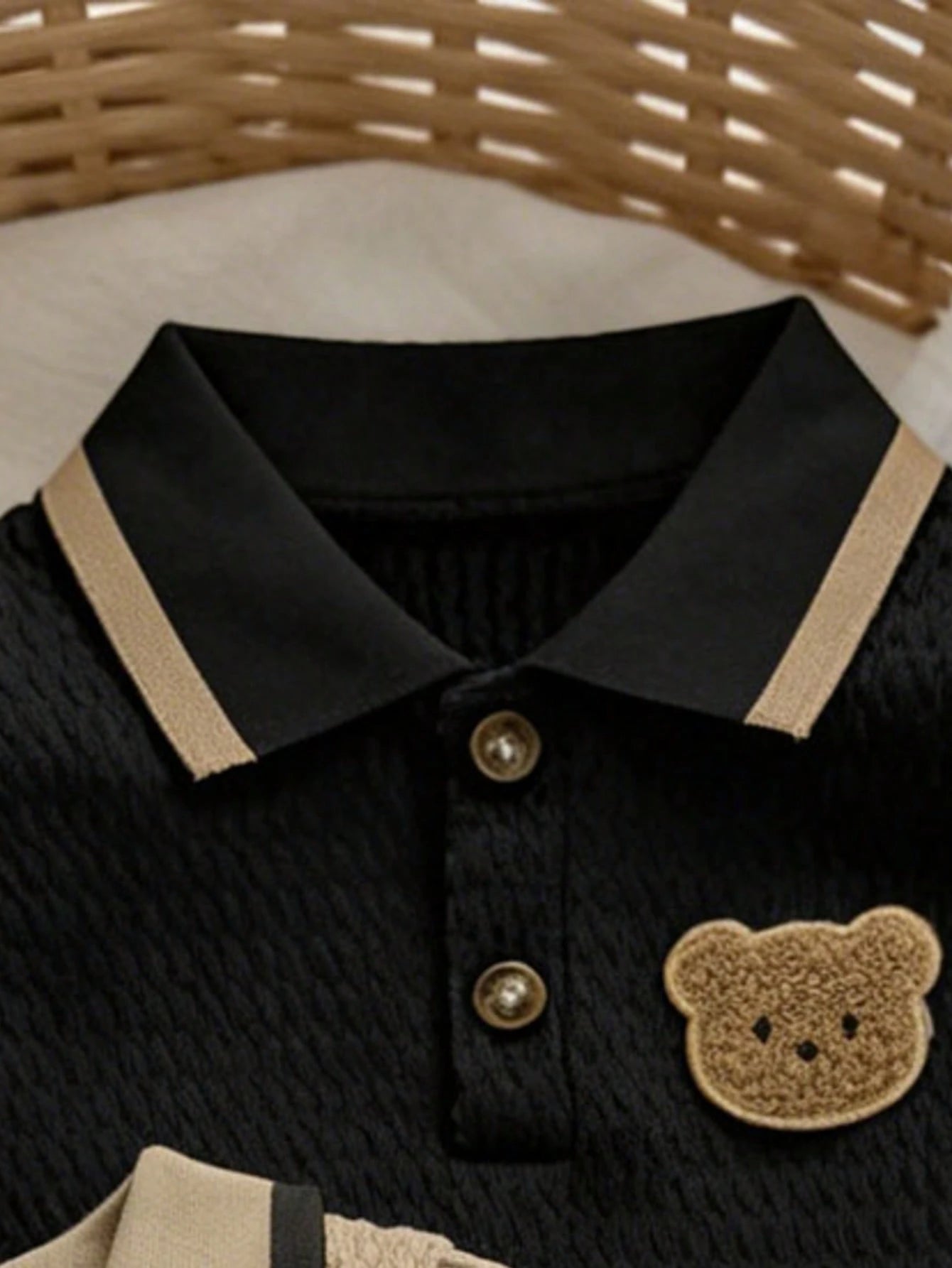 2pcs/Set Summer New Baby Boy POLO Collar Embroidered Bear Jacquard Solid Color Short Sleeve Romper