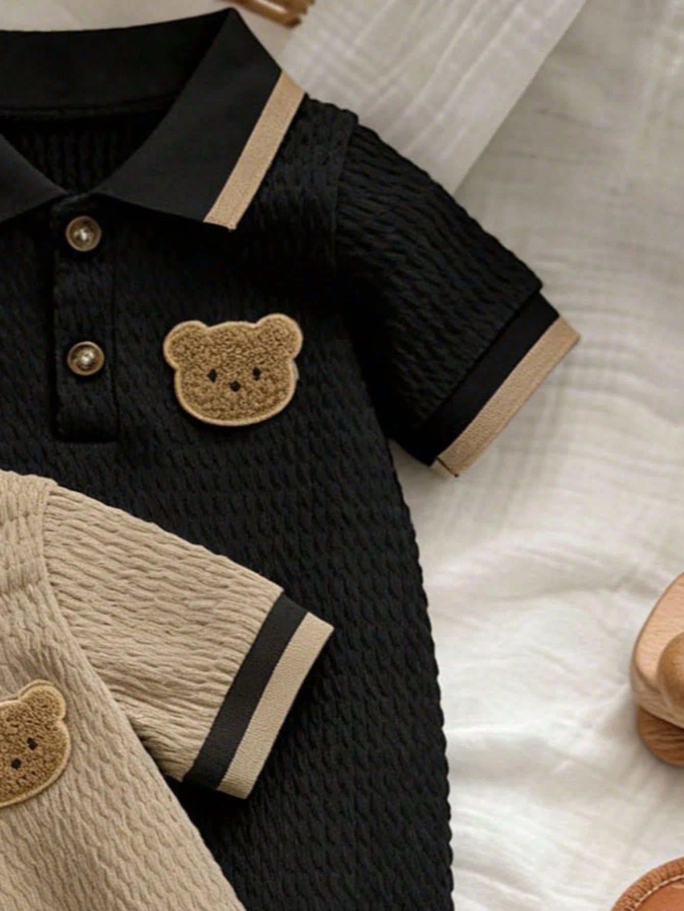 2pcs/Set Summer New Baby Boy POLO Collar Embroidered Bear Jacquard Solid Color Short Sleeve Romper