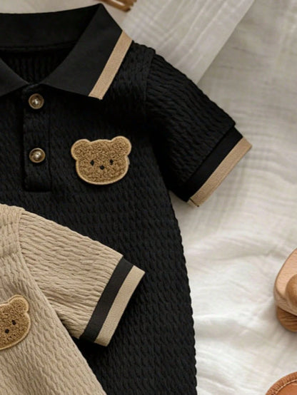 2pcs/Set Summer New Baby Boy POLO Collar Embroidered Bear Jacquard Solid Color Short Sleeve Romper