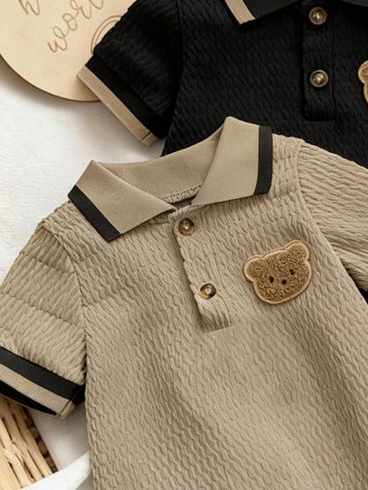 2pcs/Set Summer New Baby Boy POLO Collar Embroidered Bear Jacquard Solid Color Short Sleeve Romper