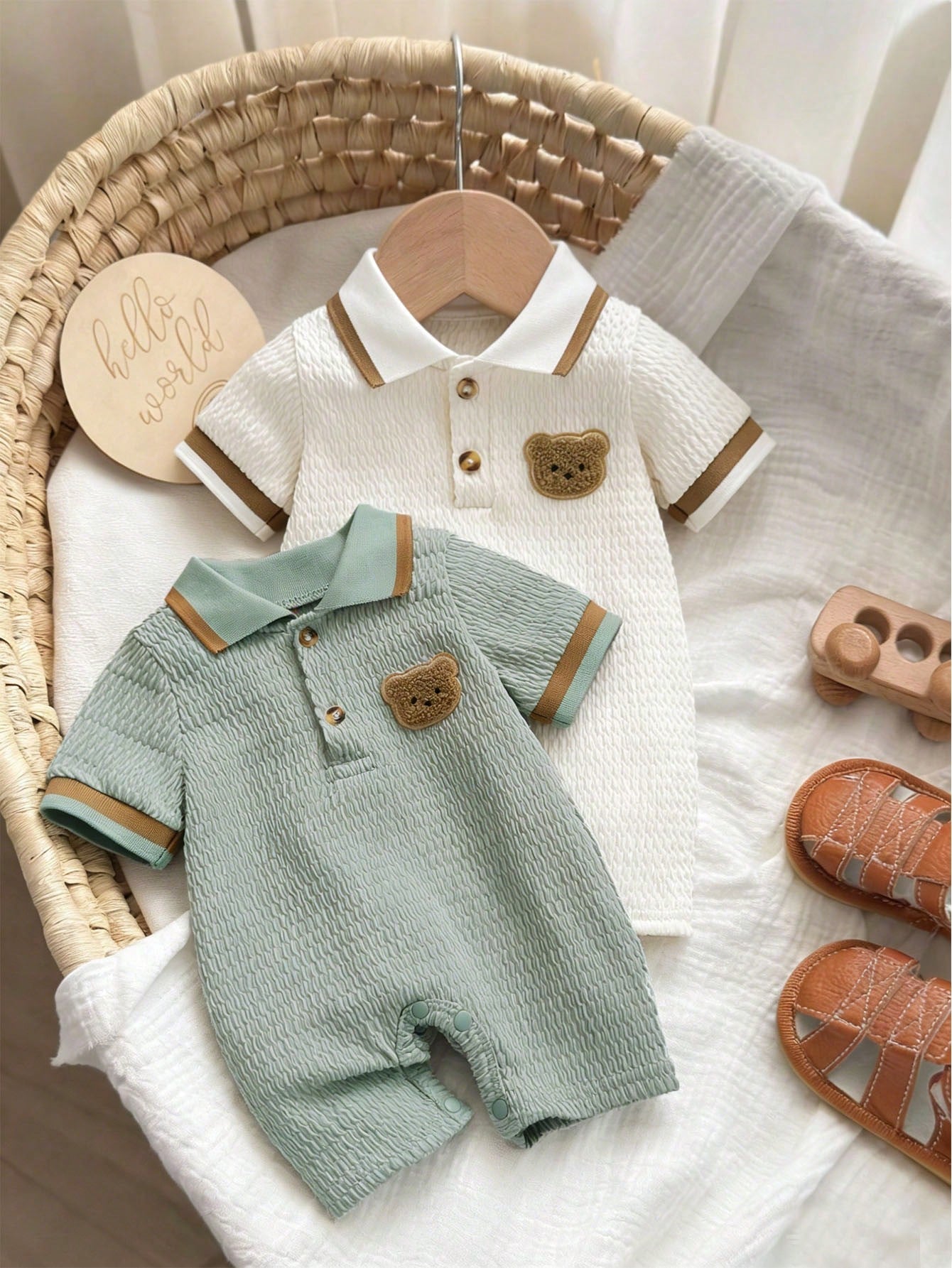 2pcs/Set Summer New Baby Boy POLO Collar Embroidered Bear Jacquard Solid Color Short Sleeve Romper