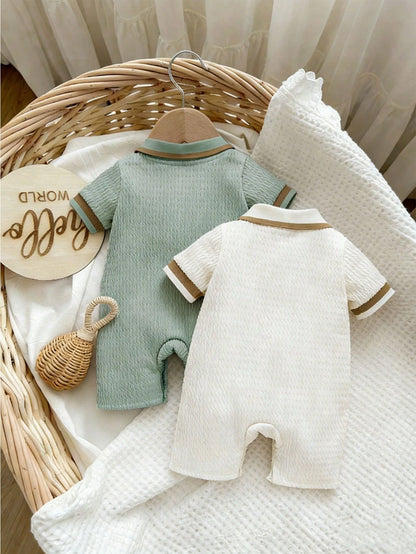 2pcs/Set Summer New Baby Boy POLO Collar Embroidered Bear Jacquard Solid Color Short Sleeve Romper