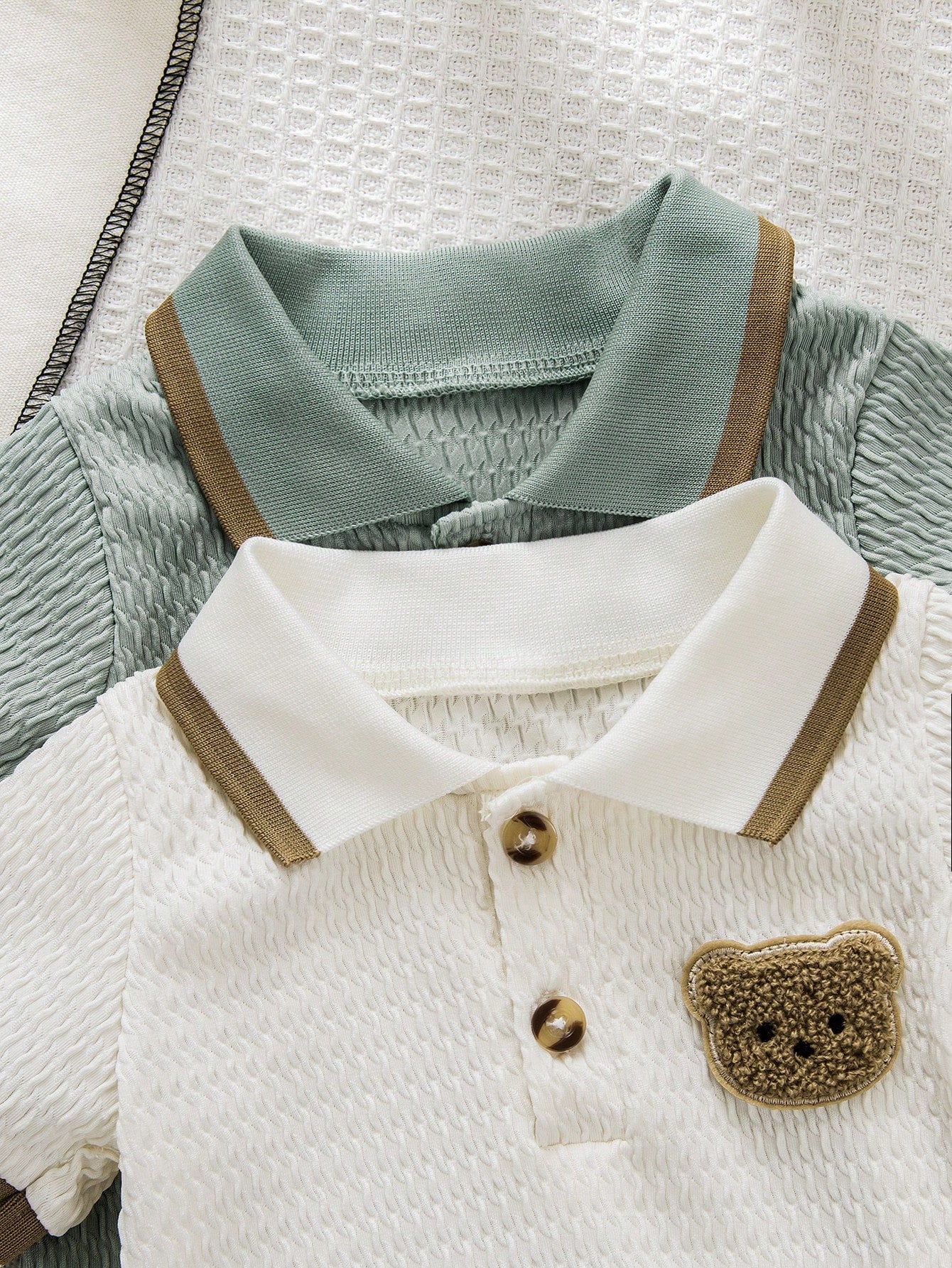 2pcs/Set Summer New Baby Boy POLO Collar Embroidered Bear Jacquard Solid Color Short Sleeve Romper